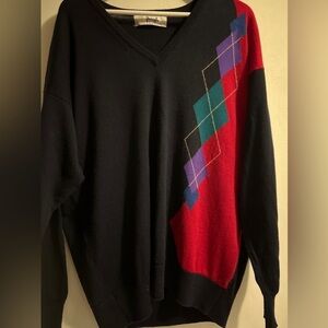 Pringle Mens Size L VTG 80’s 100% Lambs Wool Argyle Sweater Scotland V Neck READ